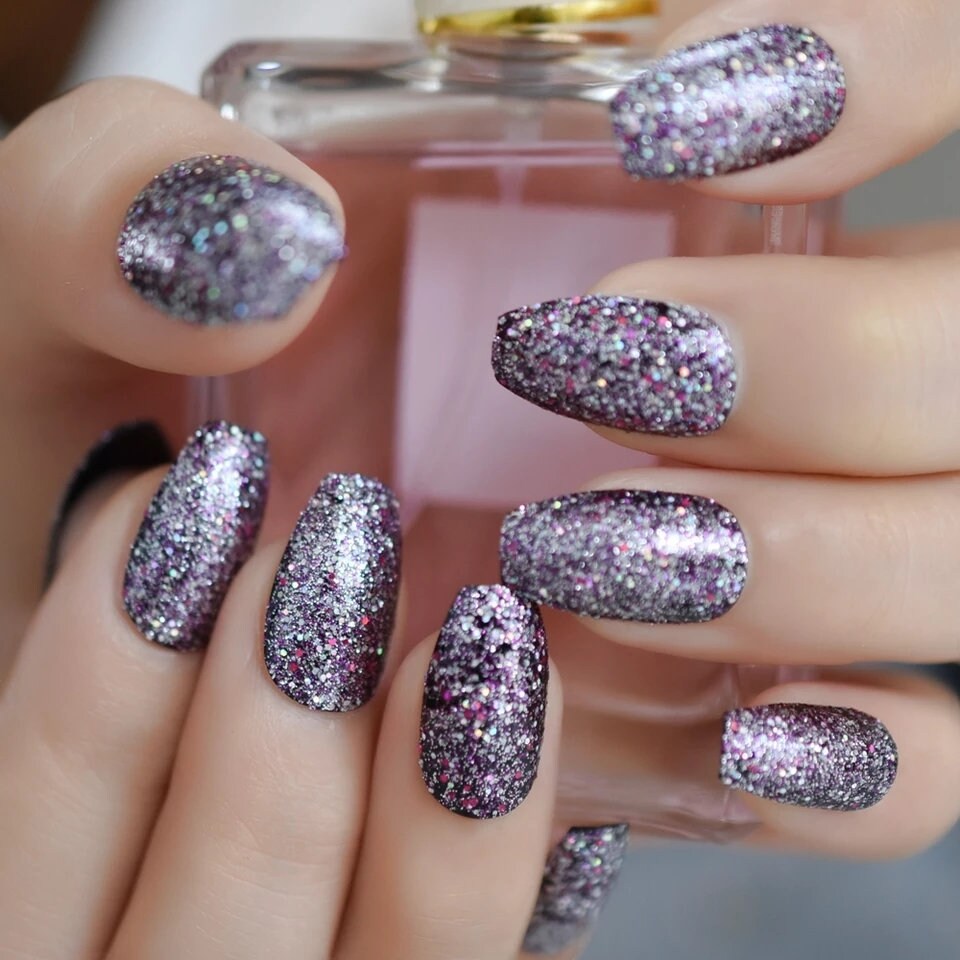 Silver Gray Glitter Long Press-On Nails – Medium Coffin Shape Chrome Metallic Bling Nail Kit surethings