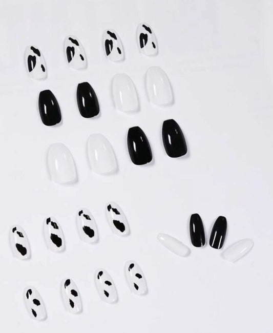 Cow Print Medium Coffin Long Press On Nails – Black White Glue-On Nail Set  surethings