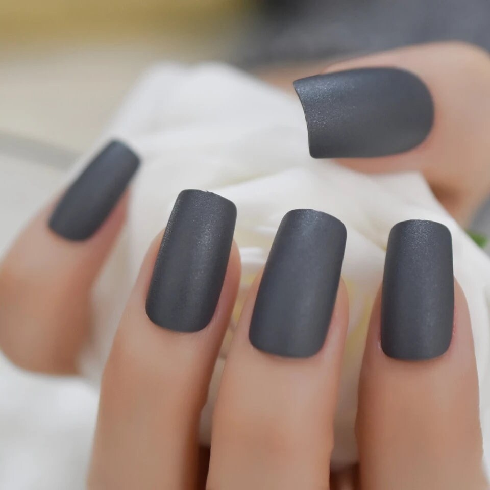 24 matte dark gray square press on nails – medium length goth witchy nail kit surethings