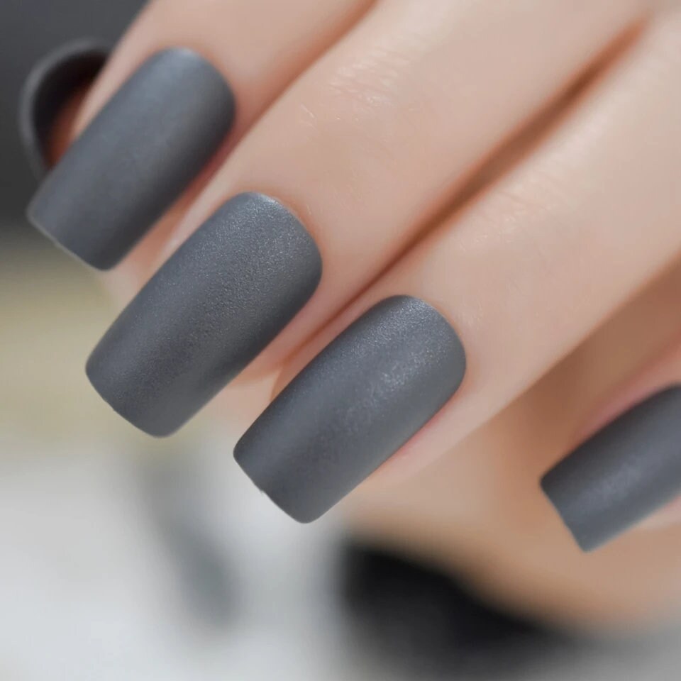 24 matte dark gray square press on nails – medium length goth witchy nail kit surethings