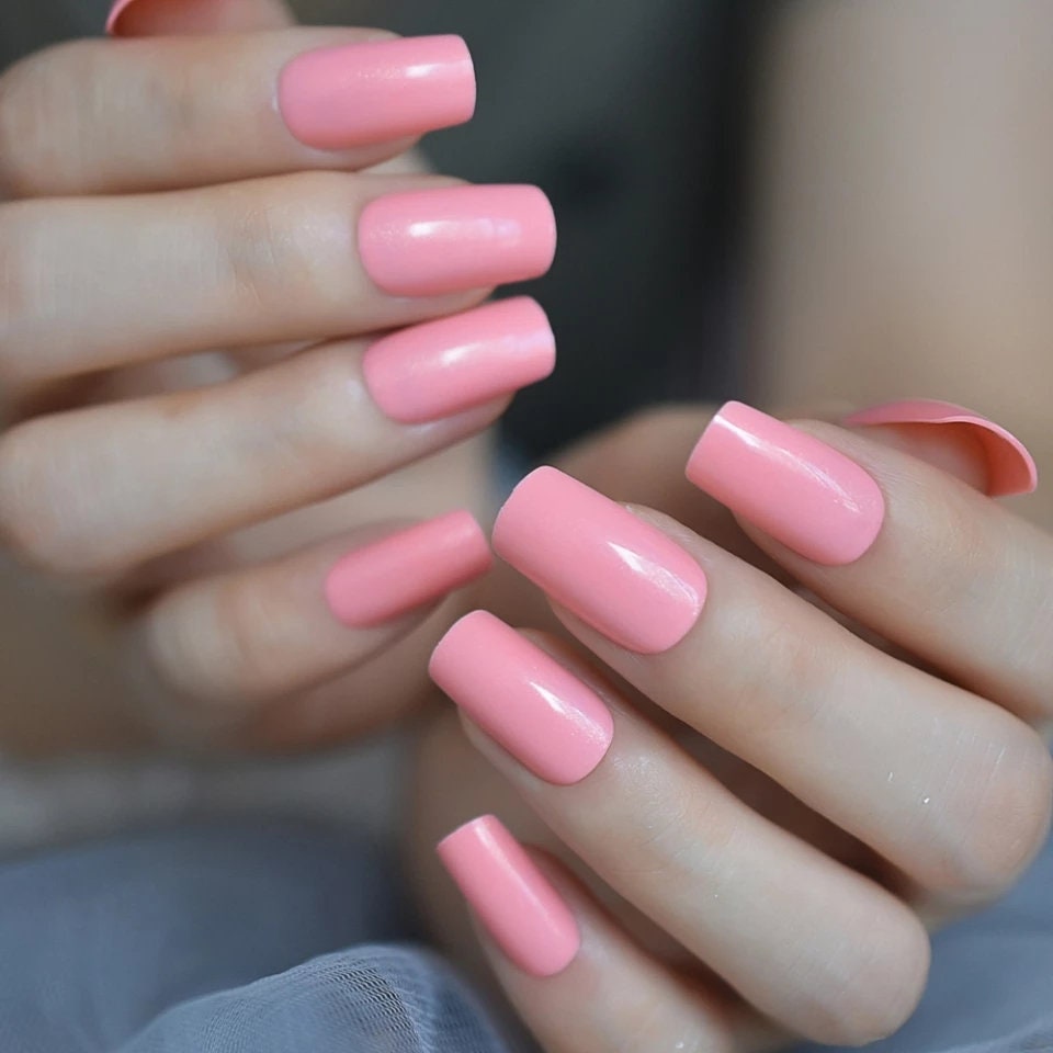 Pink Medium Square Long Press-On Nails – Glossy Glue-On Kit for Everyday Wear surethings