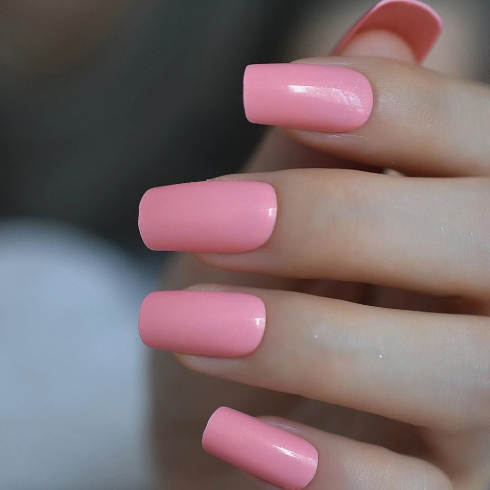 Pink Medium Square Long Press-On Nails – Glossy Glue-On Kit for Everyday Wear surethings