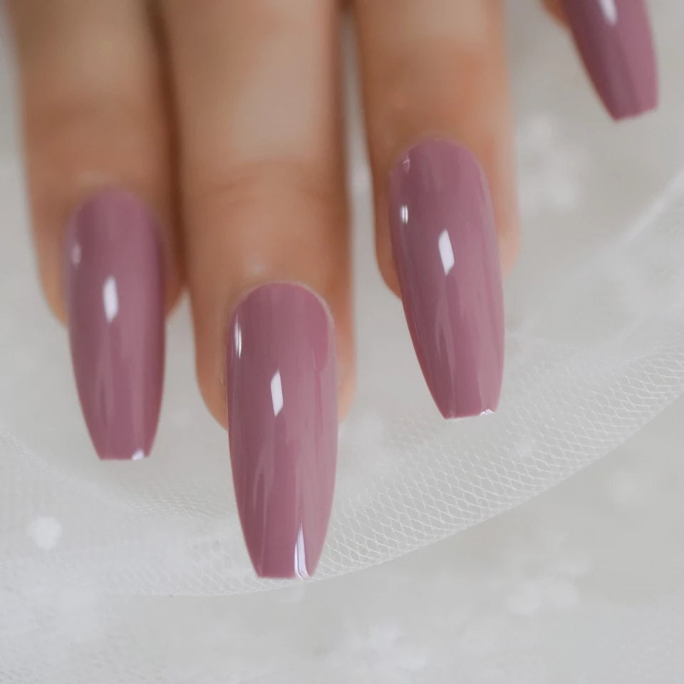Mauve Pink Glossy Coffin Long Press-On Nails – 24PCS Glue-On Nail Kit for Stylish Hands surethigs