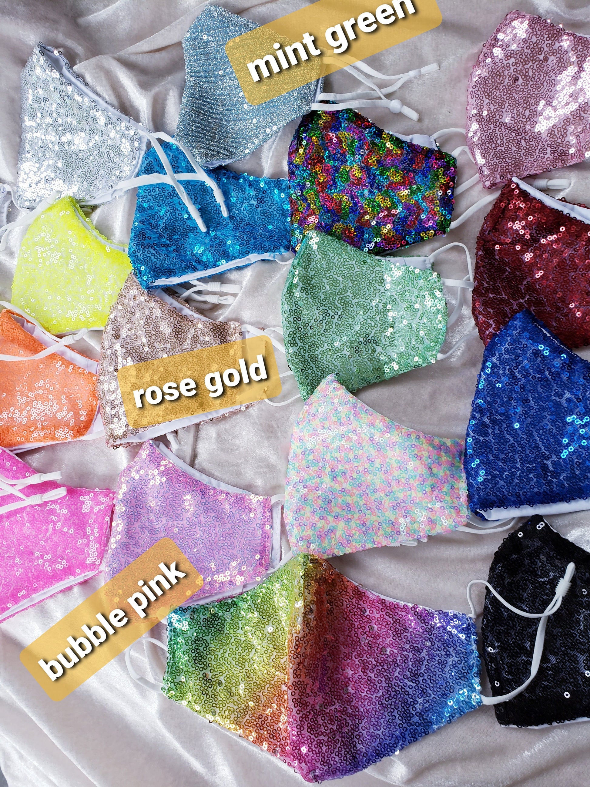 Glam Sequin masks cotton interior rose gold sparkly holographic rainbow multi color pale ombre black blue green red silver mask
