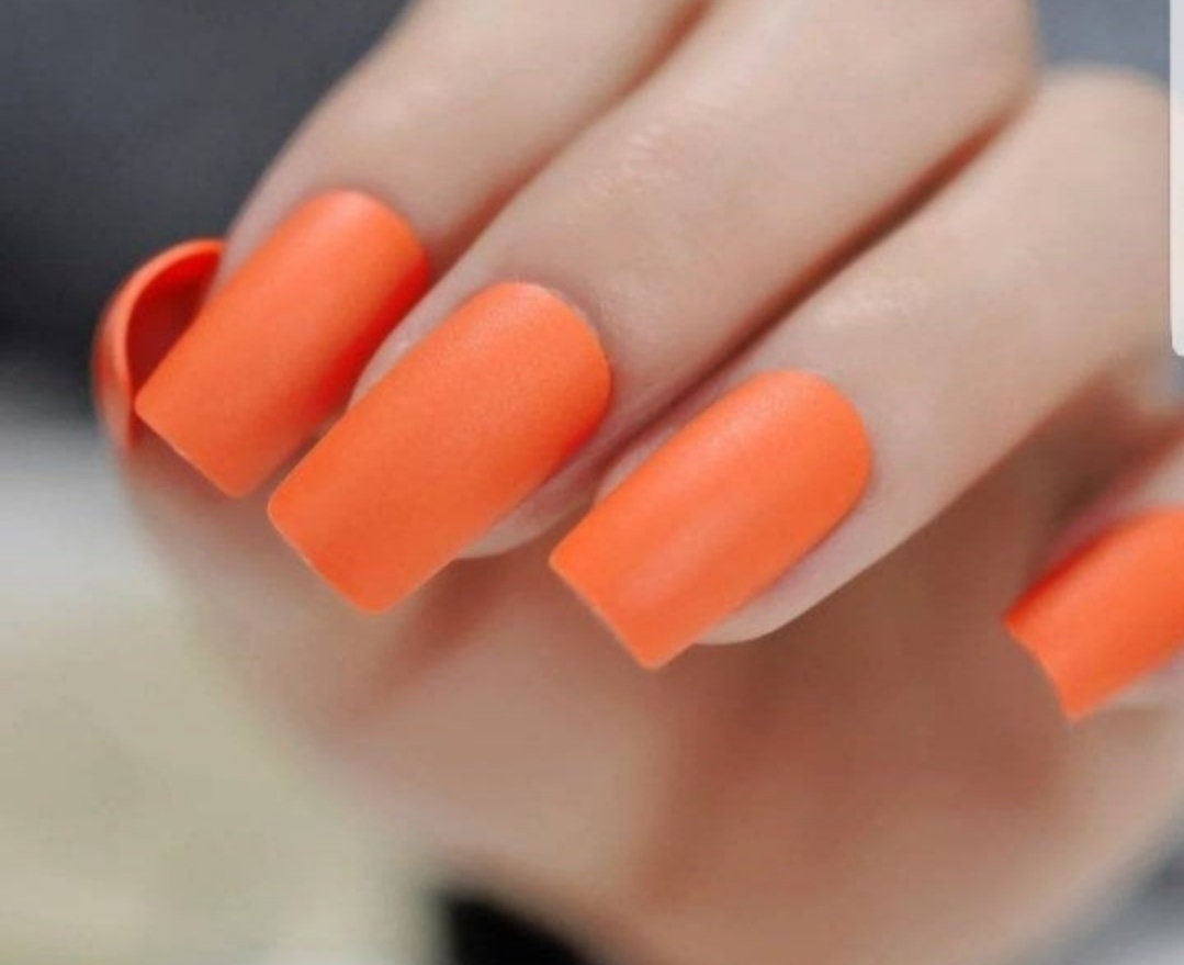 24 carrot orange medium square long press-on nails – bold retro-inspired glue-on nails for 80s and 90s rave style surethings