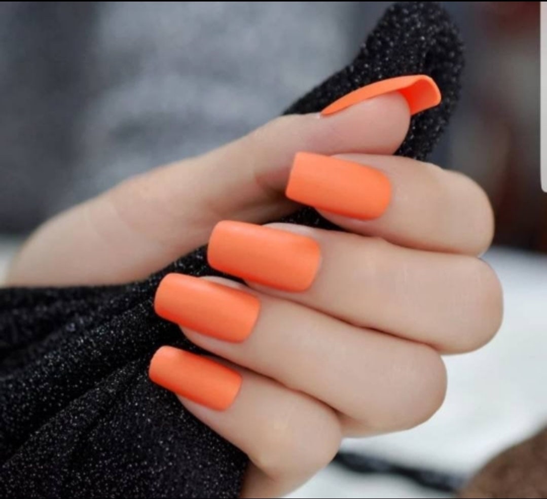 24 carrot orange medium square long press-on nails – bold retro-inspired glue-on nails for 80s and 90s rave style surethings