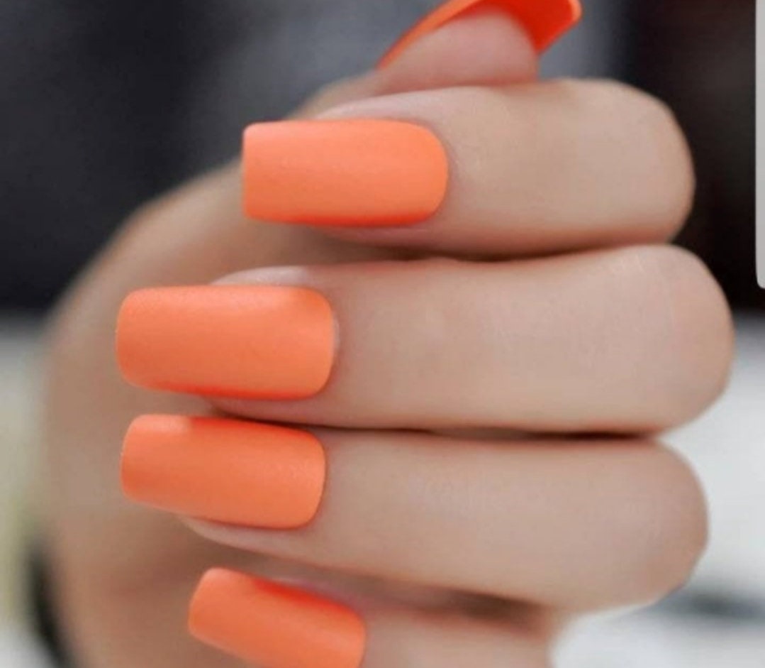 24 carrot orange medium square long press-on nails – bold retro-inspired glue-on nails for 80s and 90s rave style surethings