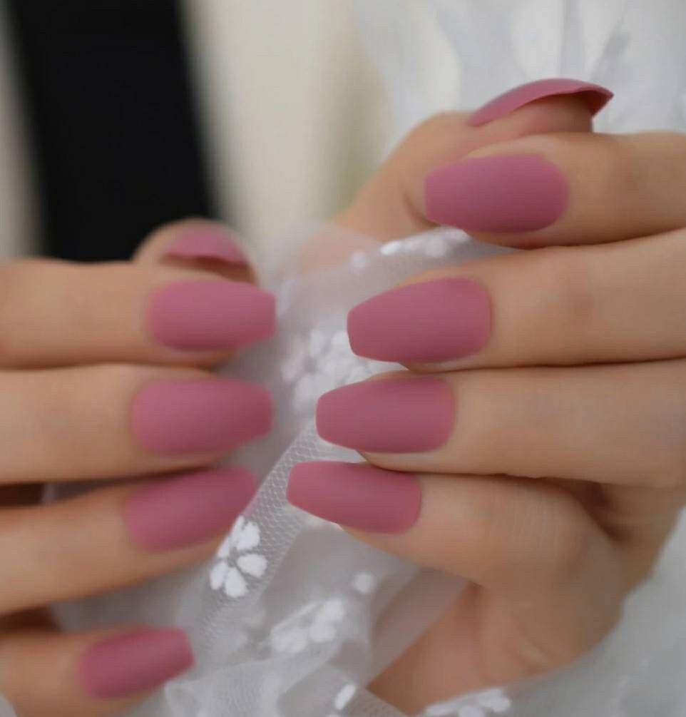 24 matte mauve soft pink long press-on nails in medium coffin shape – elegant glue-on nail kit surethings
