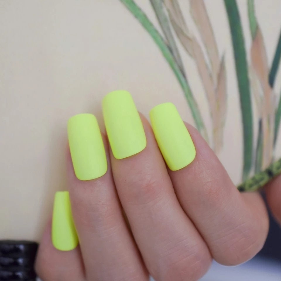 Long Matte Square Press On Nails Neon Yellow Green Rave Summer surethings
