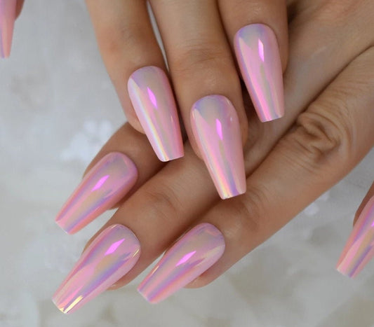 24PCS Holographic Pink Chrome Long Press-On Nails – Glossy Coffin Shape Glue-On Nail Kit surethings