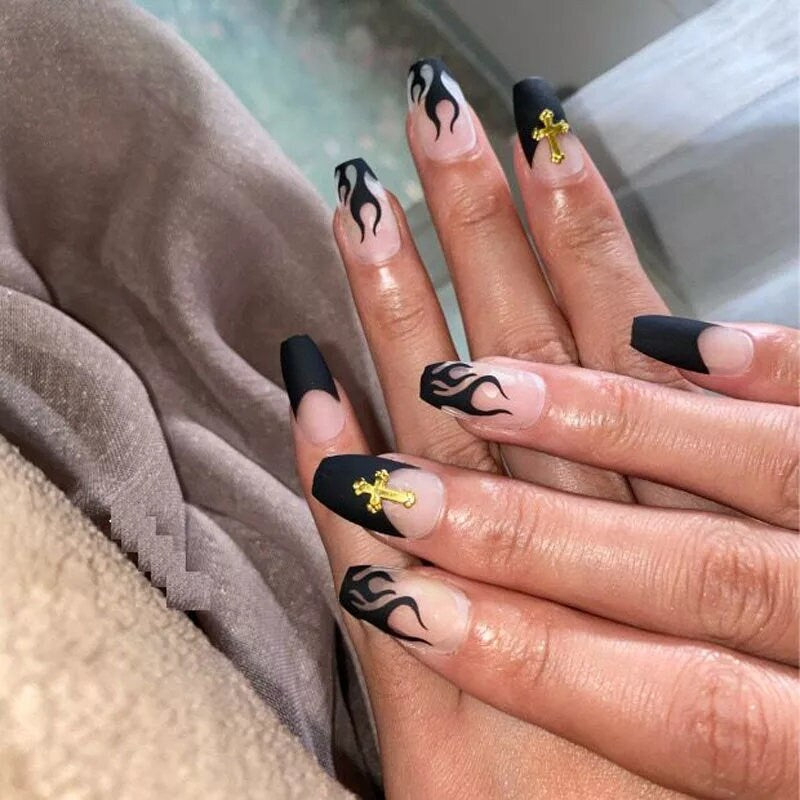 24 Medium Coffin Matte Black Flame Dark Long Press On nails Glue on Gothic edgy trendy cross