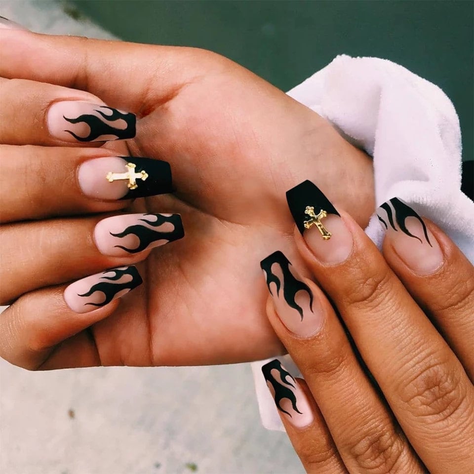 24 Medium Coffin Matte Black Flame Dark Long Press On nails Glue on Gothic edgy trendy cross