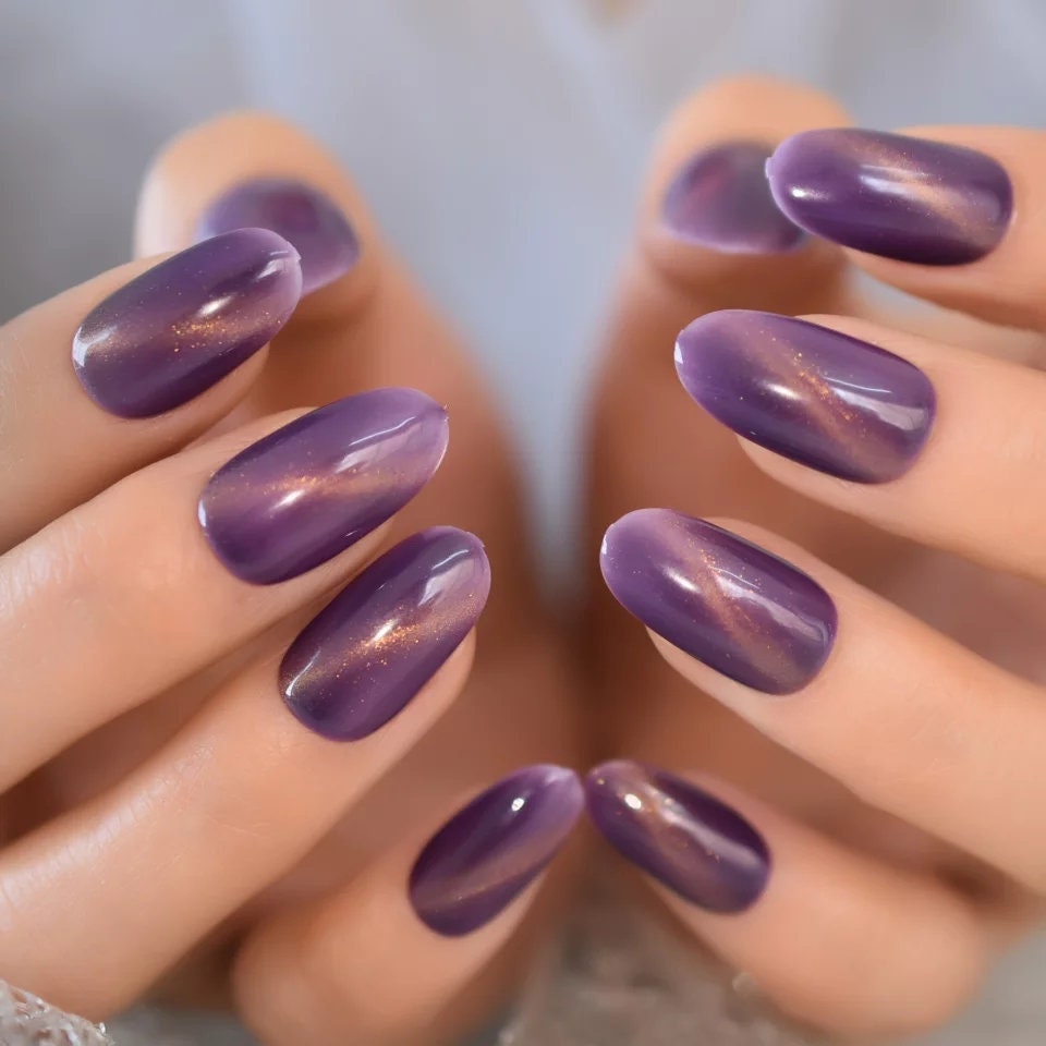 Amethyst Purple Galaxy Cat Eye Long Press On Nails – Glossy Magnetic Pointed Tips surethings
