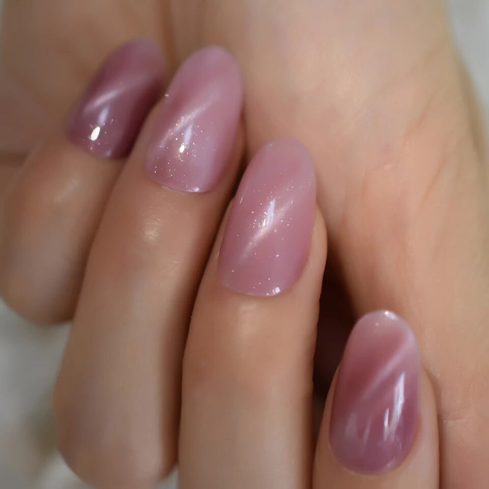 Rose Quartz Galaxy Cat Eye Almond Press On Nails – Glossy Medium Pink Nails surethings