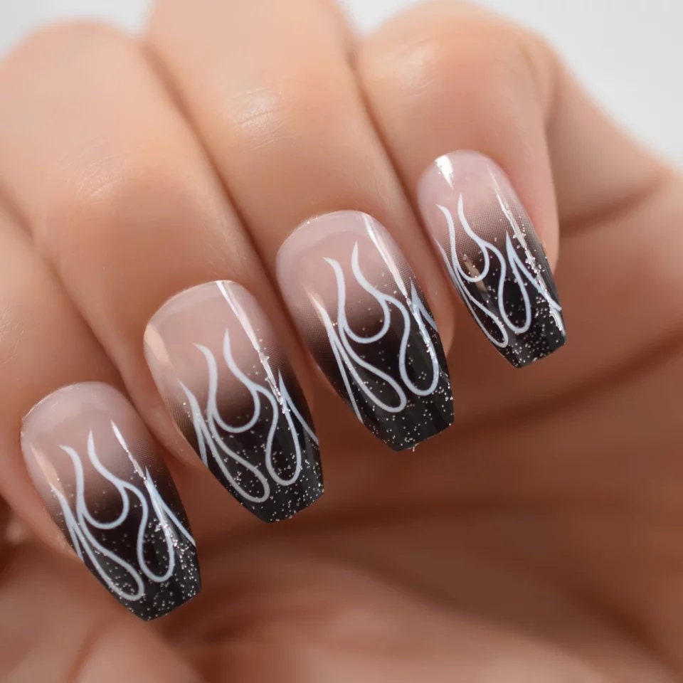 Black flame coffin long press on nails medium ombre gothic glue on set surethings