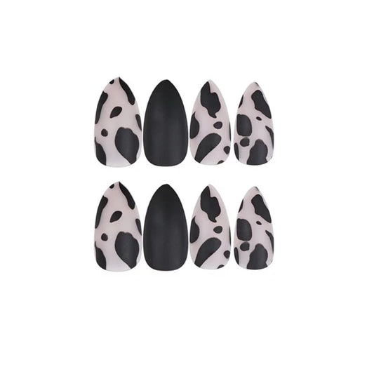24 PCS Matte Black & Frosted Clear Cow Print Long Press On Nails – Cute Stiletto Glue-On Set surethings