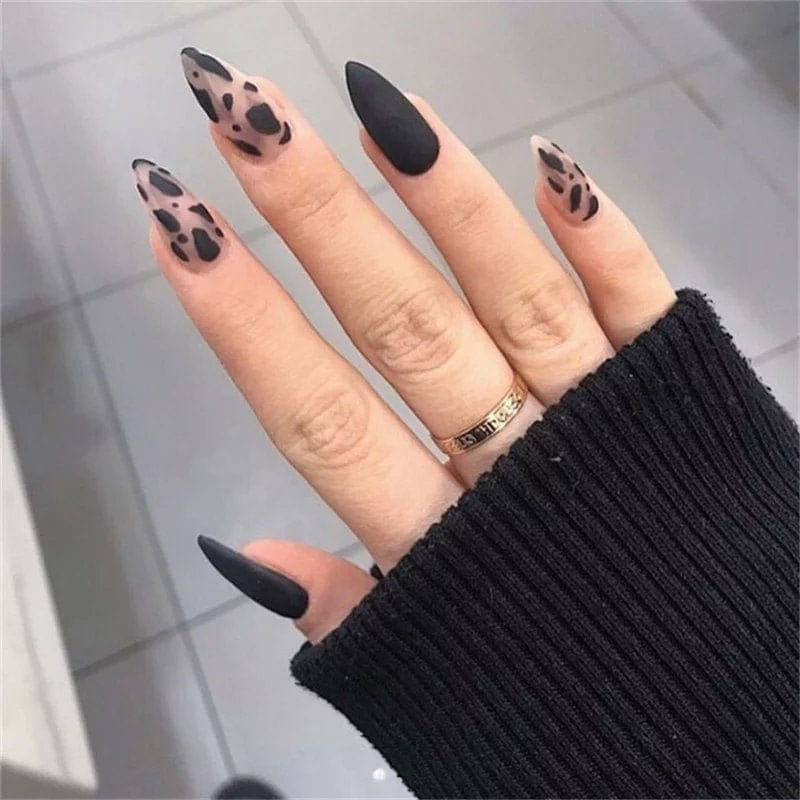 24 PCS Matte Black & Frosted Clear Cow Print Long Press On Nails – Cute Stiletto Glue-On Set surethings
