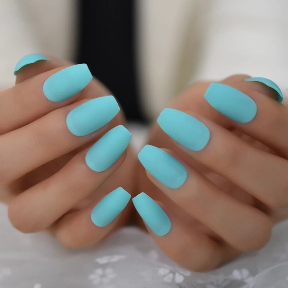 24 pcs Caribbean Aqua Matte Long Press On Nails Coffin Medium Glue on blue cyan