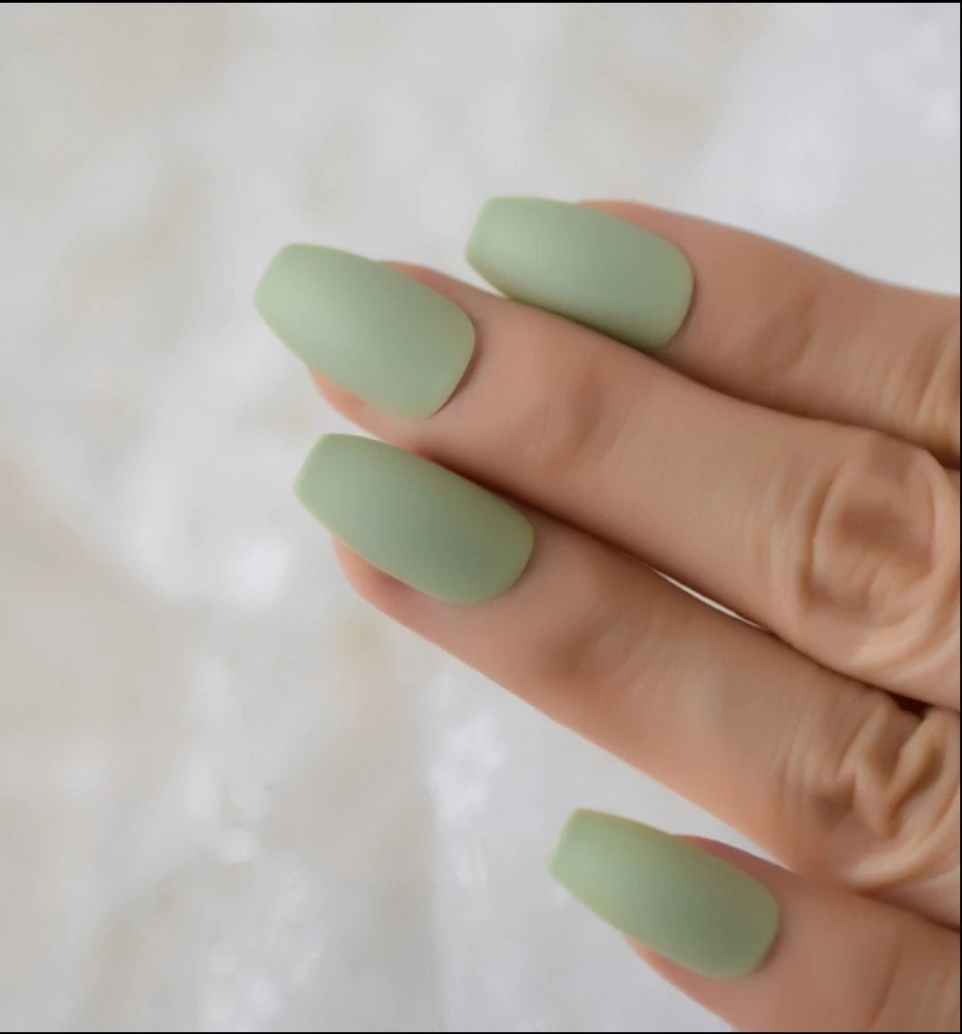 24 Matte Sage Green Medium Coffin Long Press on nails glue on kit