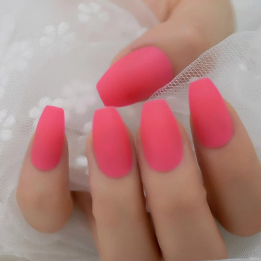 Matte Neon Pink Porange Medium Coffin Long Press On Nails – 80s Rave Fluorescent Style surethings