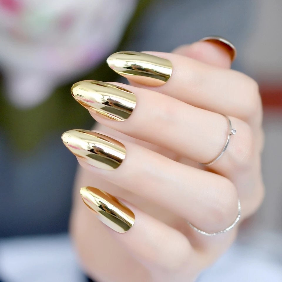 24 Gold Chrome Medium Almond Press on nails kit  Glue on Mirror shiny metallic oval point