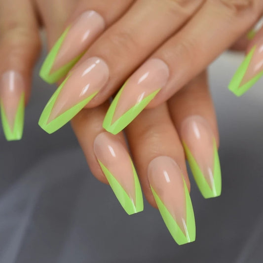 V Tip French Long Press On Nails – Green Rim, Nude Neon Pink Orange White Border surethings