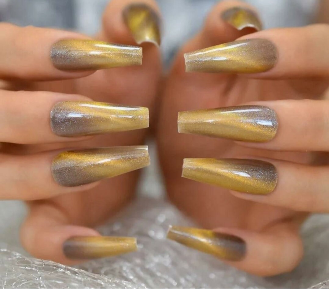 24 Unique Gray Gold Galaxy Cat Eye Gel Long Press On Nails Glossy Extra Long Coffin goth alt glue on magnet