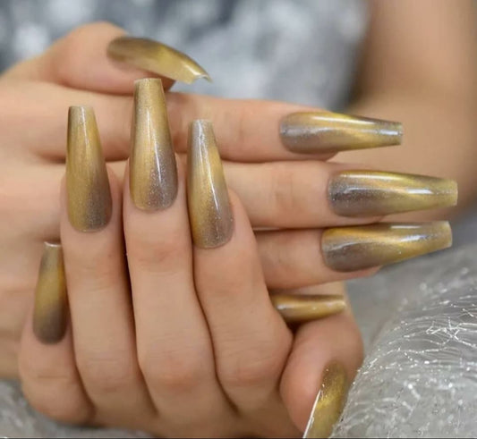 24 PCS Extra Long Cat Eye Nails Gray & Gold Galaxy Coffin Shape surethings