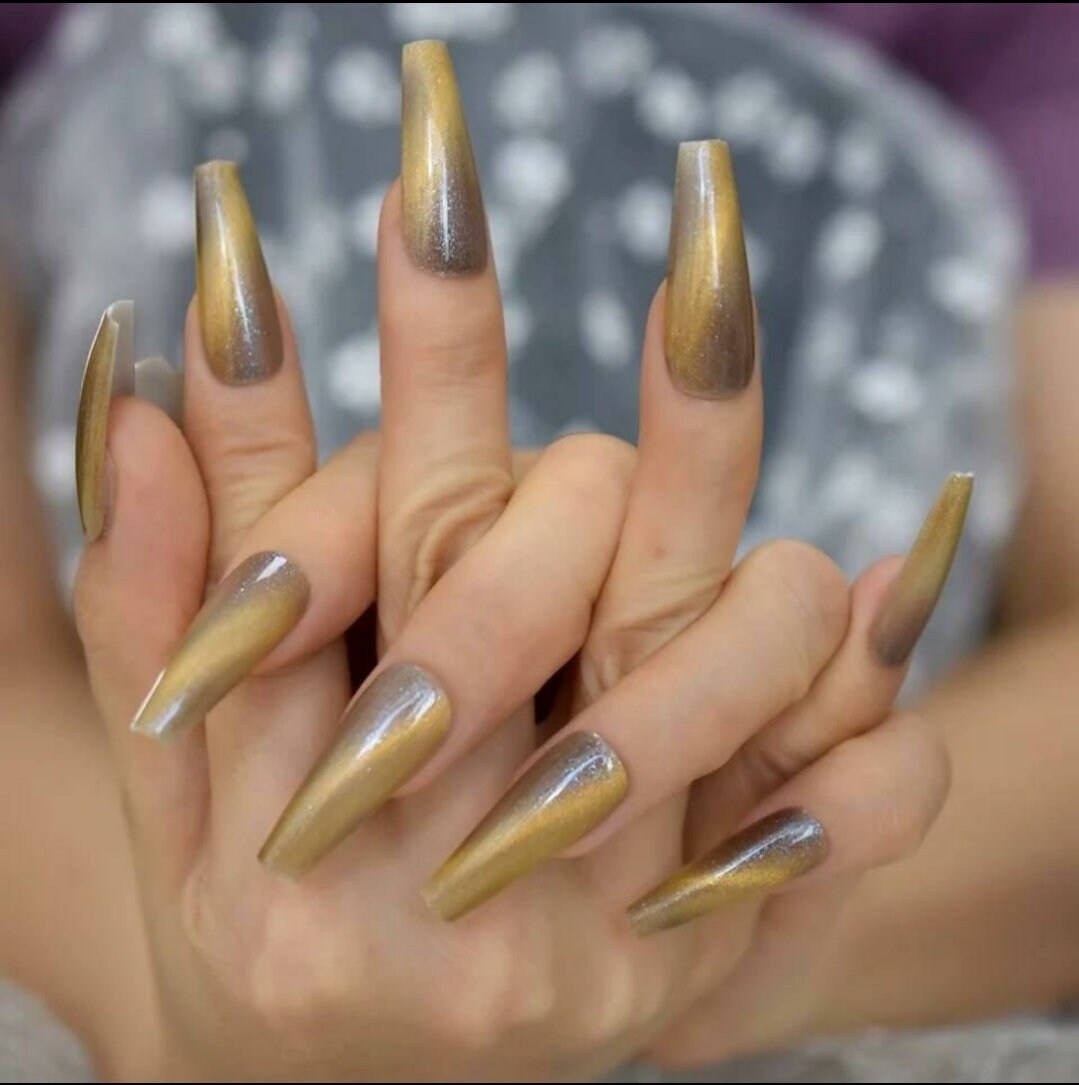 24 Unique Gray Gold Galaxy Cat Eye Gel Long Press On Nails Glossy Extra Long Coffin goth alt glue on magnet