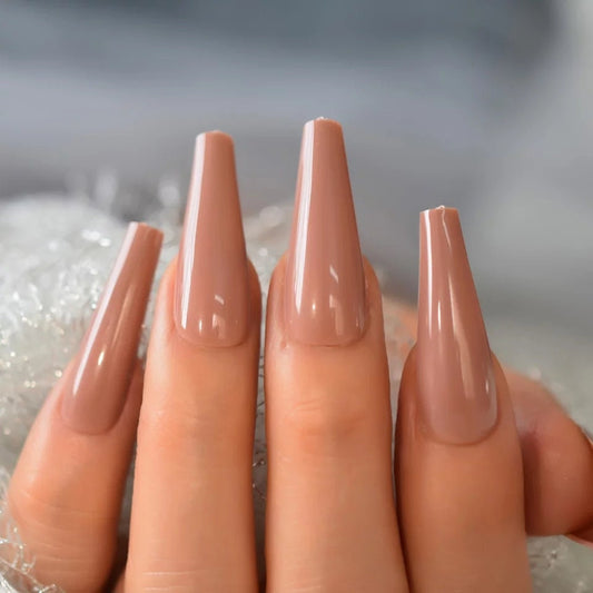24 Nude Long Press On Nails Glossy Coffin glue on magnet cream