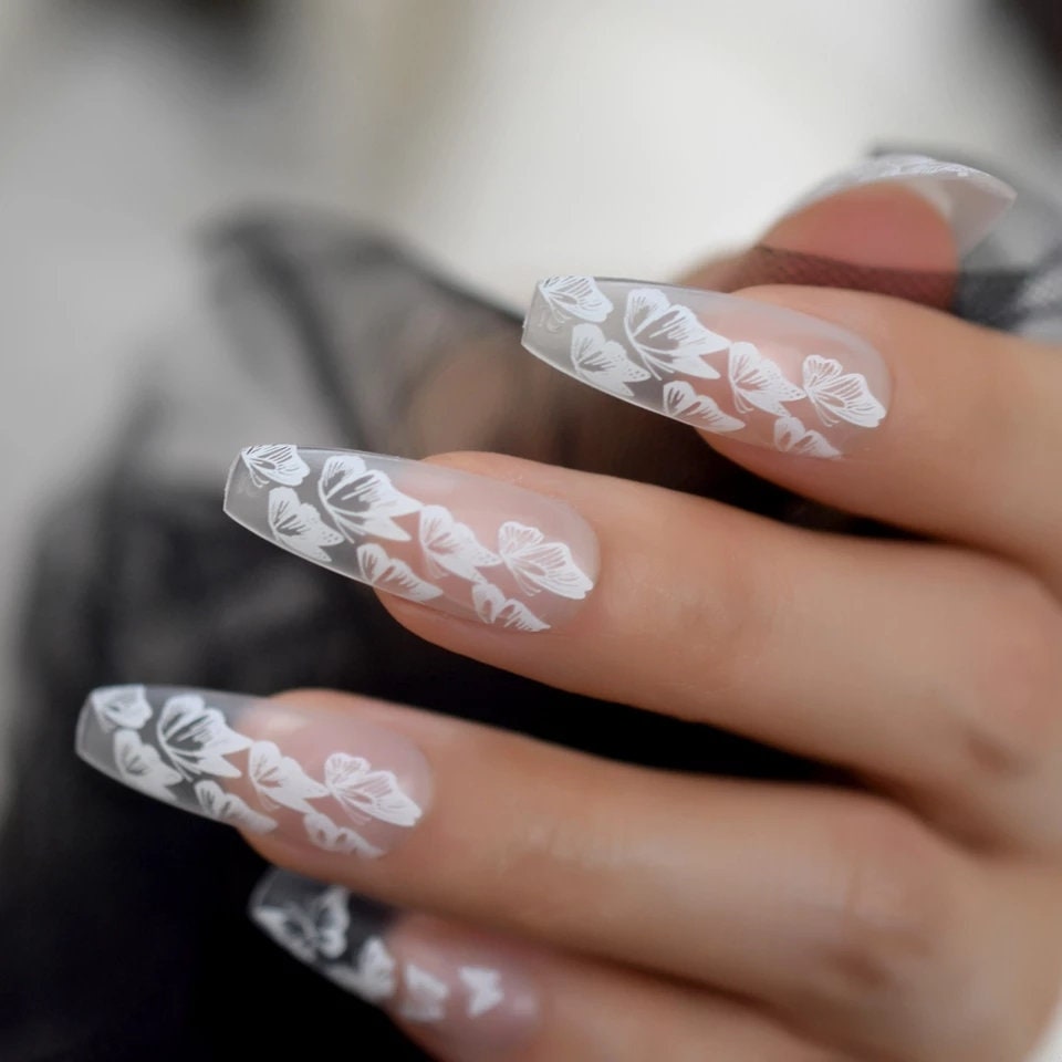 24PCS Extra Long Press-On Nails Matte Clear White Coffin Nails with Delicate Butterfly Accents  Elegant Glue-On Set surethings