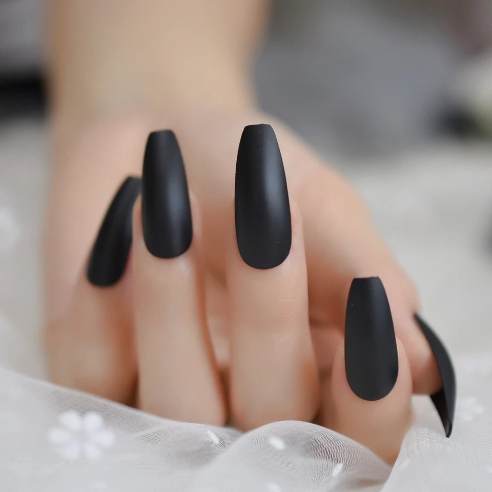 24 Matte Black Coffin Extra Long Press on nails witchy goth alt glue on