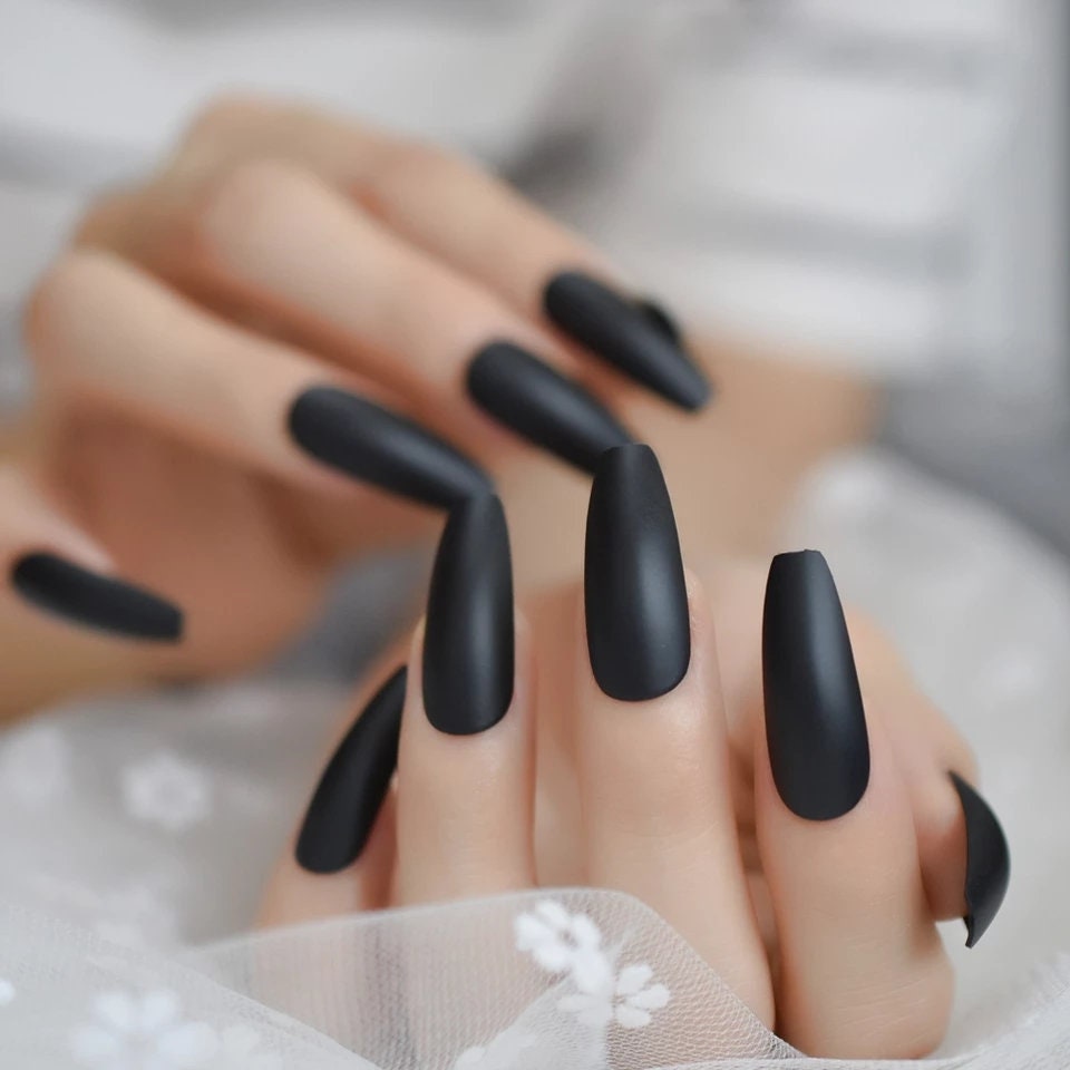 24 PCS Matte Black Coffin Extra Long Press On Nails – Gothic Witchy Glue-On Set surethings