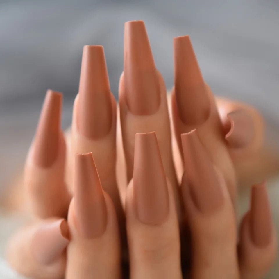 Long Press On Nails – 24 PCS Matte Nude Sedona Tan Coffin Nails with Creamy Finish surethings