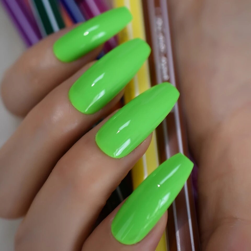 24 Electric Neon Green Long Press on Nails Coffin Slime Bright Summer 80s rave surethings
