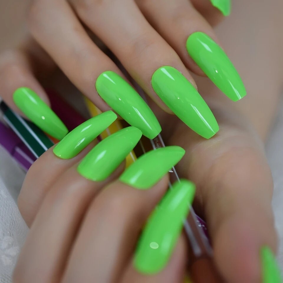 24 Electric Neon Green Long Press on Nails Coffin Slime Bright Summer 80s rave surethings