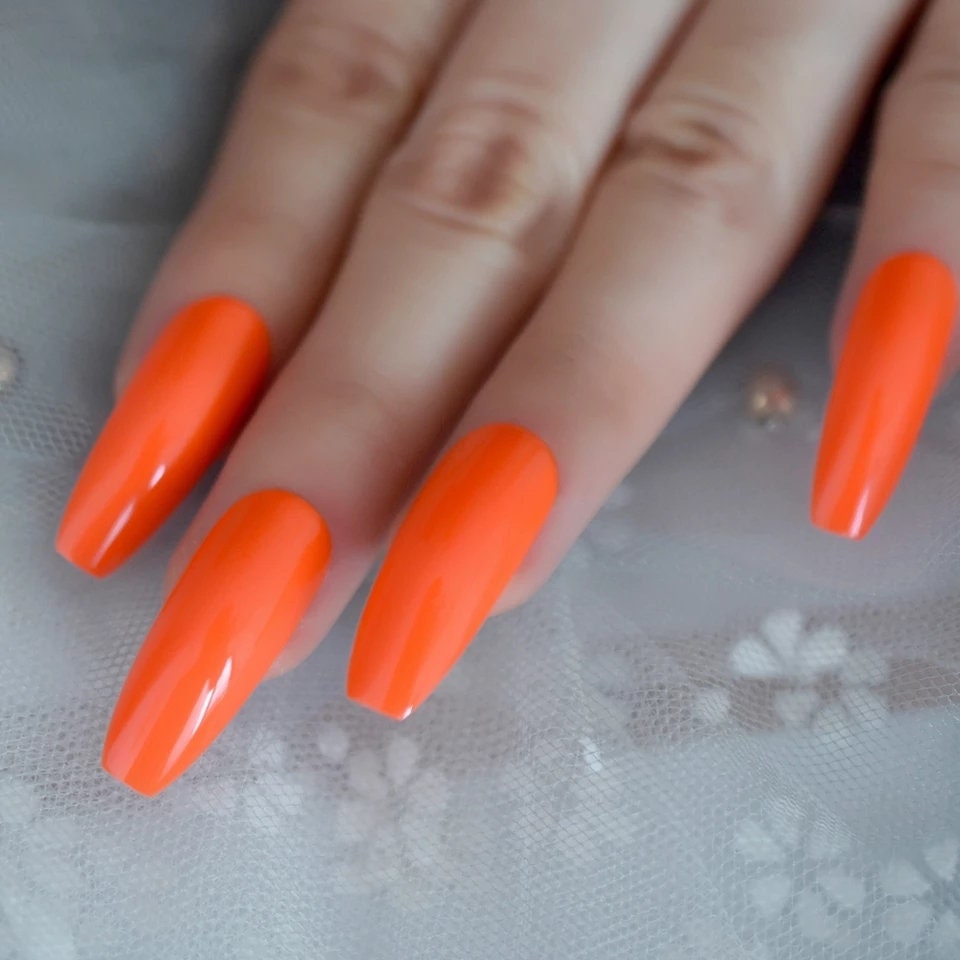 24 Coffin Neon Orange Extra Long Press on nails glue on curved Bright –  Sure Things