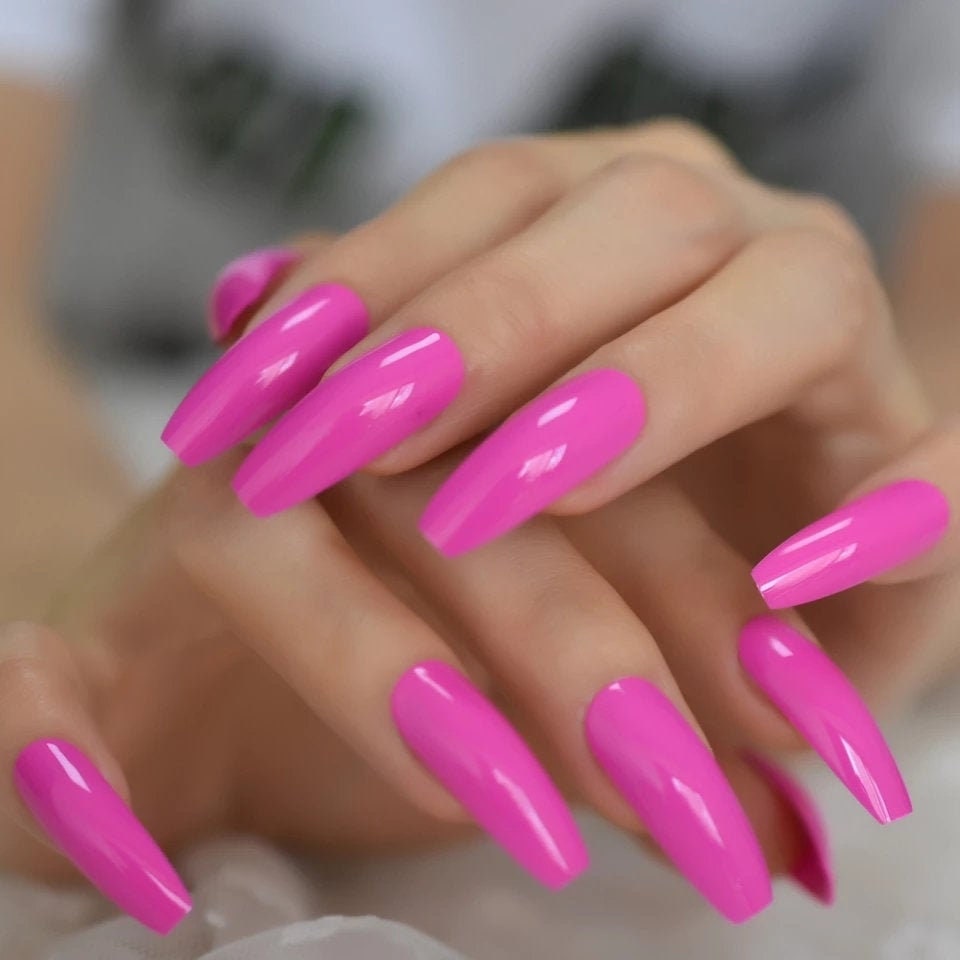 24 pcs Bright Pink Fuchsia neon Summer Long Press on nails glue on shiny manicure 80s rave