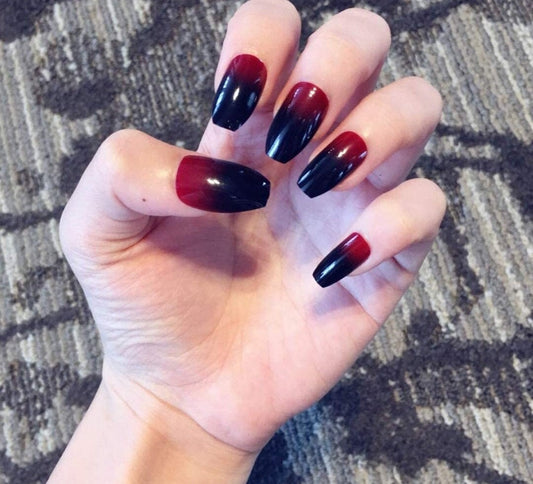 24 Goth Medium Coffin Red Black Ombre Dark Long Press On Nails Glue on Gothic edgy trendy