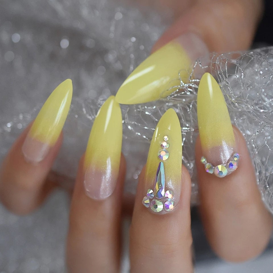 24 Fuschia or Yellow Ombre Fade Long Press on nails glue on Bling Gem bright stiletto