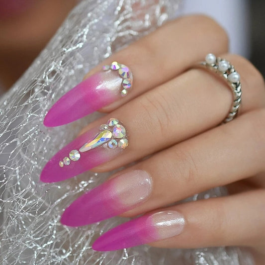 24 Fuschia or Yellow Ombre Fade Long Press on nails glue on Bling Gem bright stiletto