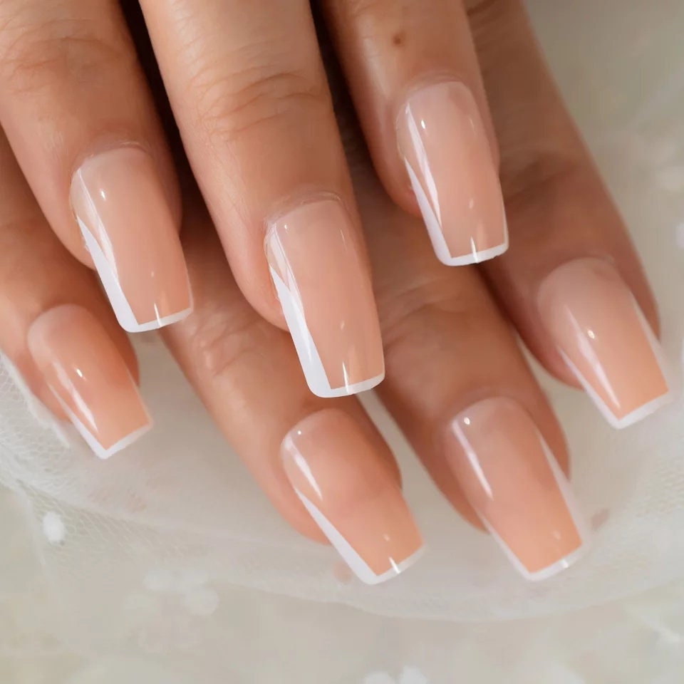 24 Medium Square Nude Long Press On Nails – French Tip with White Rim Border, Glue-On Natural Set surethings