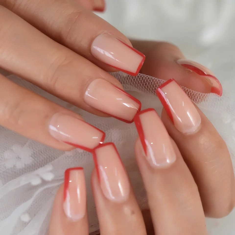 24 Nude Red Rim French tip border nude Long Press on nails glue on natural medium square surethings