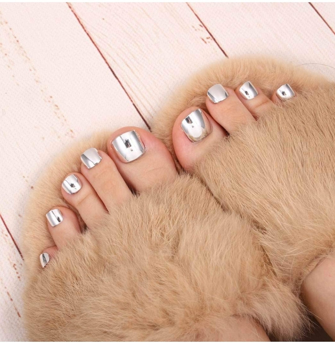 24 Chrome Toes Mirror Short press on nails Kit Glue On Gold Silver Shiny Pink