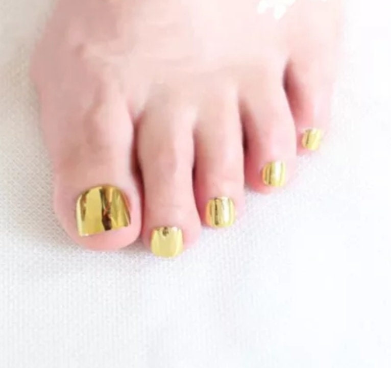 24 Chrome Toes Mirror Short press on nails Kit Glue On Gold Silver Shiny Pink