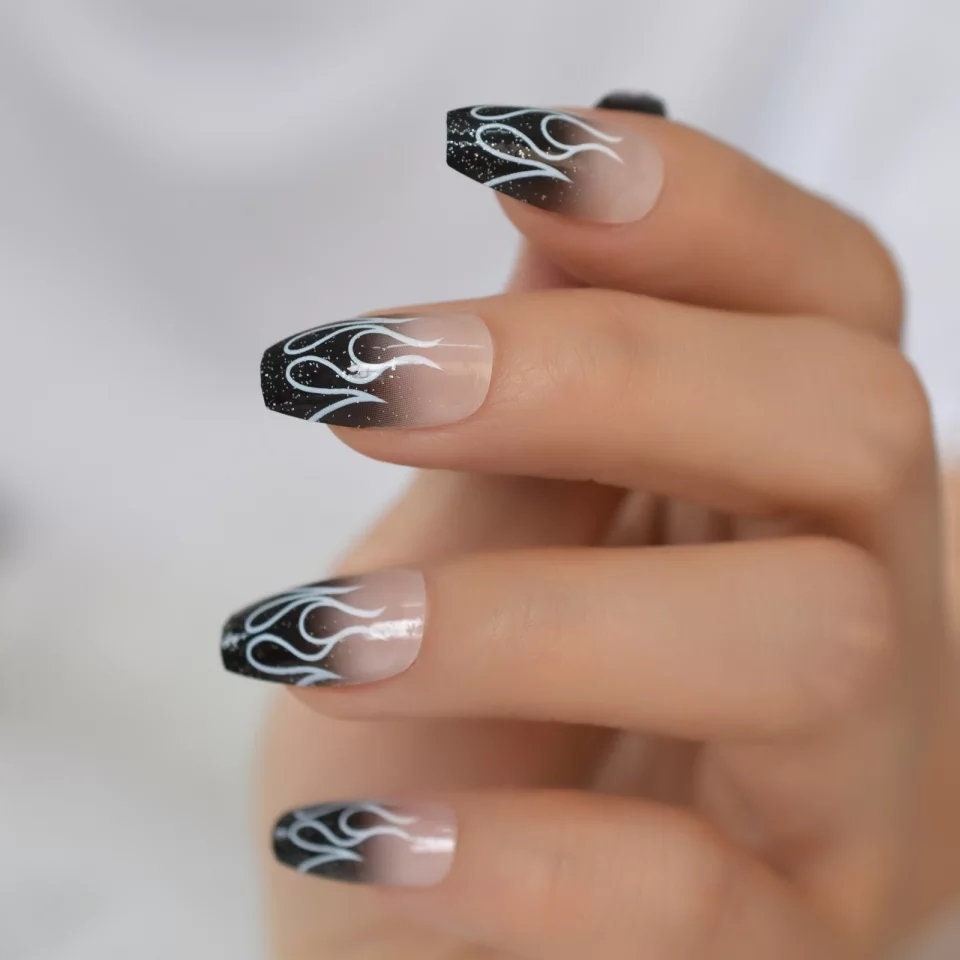24 pcs Black Flame Medium Coffin Dark Long Press On nails Glue on Gothic edgy trendy nude fade ombre 90s