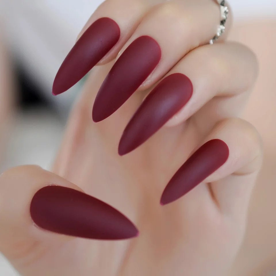 Extra long matte maroon stiletto long press on nails – wine dark red gothic pointed glue-on set surethings