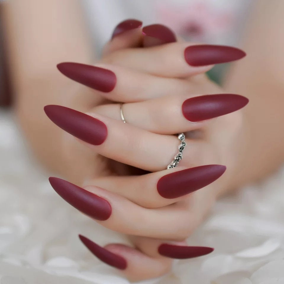 24 Matte Maroon Stiletto Extra Long Press on nails wine witchy goth alt pointed glue on Dark Red