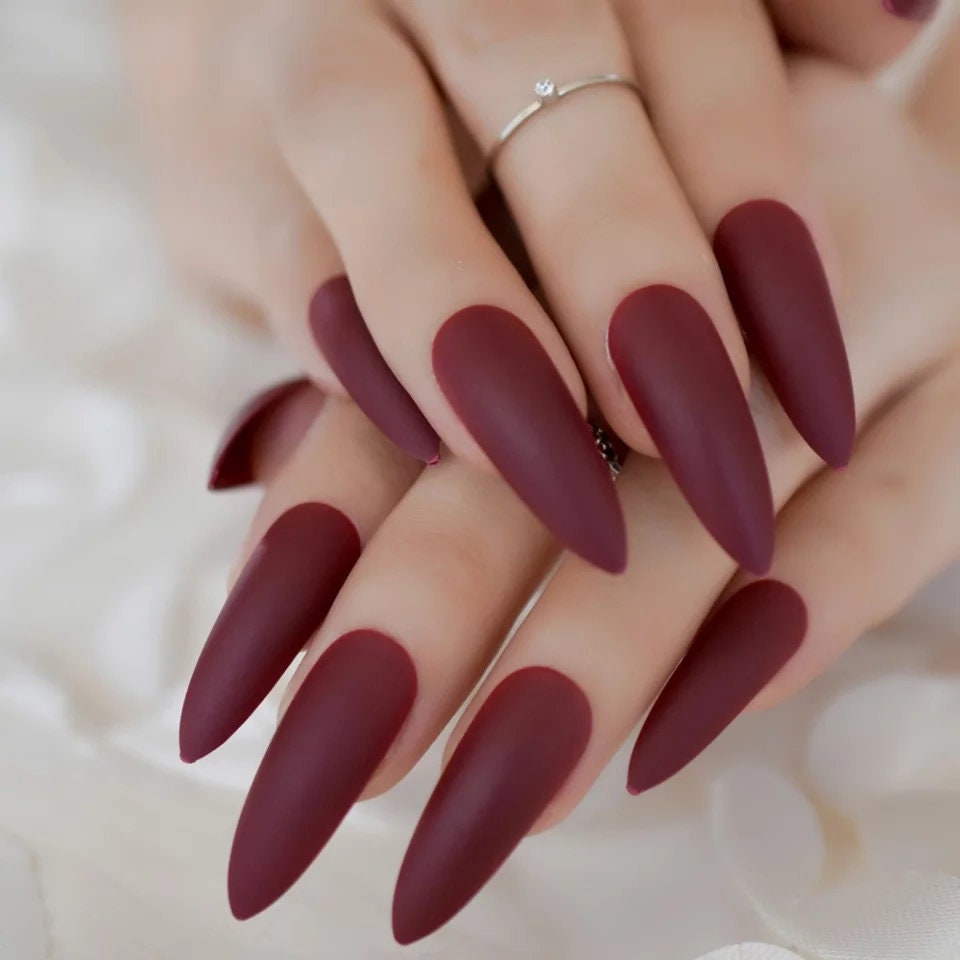 Extra long matte maroon stiletto long press on nails – wine dark red gothic pointed glue-on set surethings