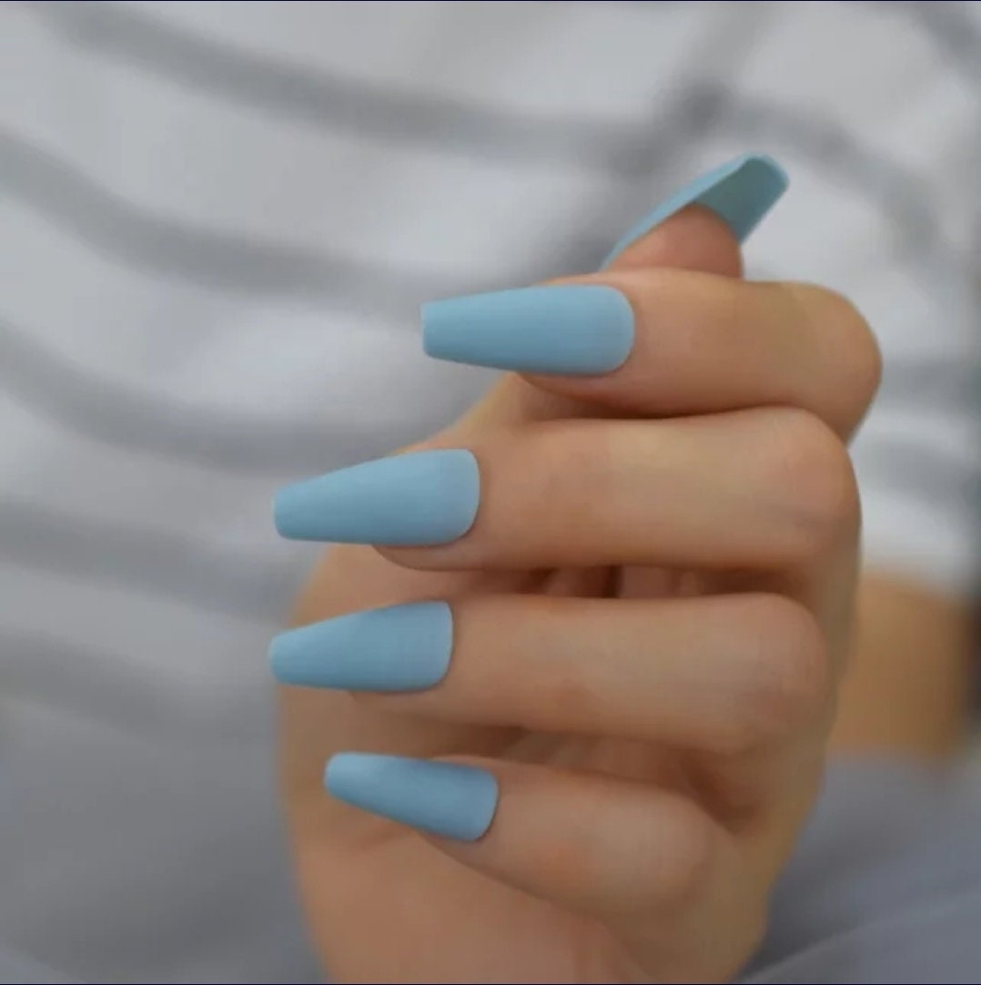 24 Matte Pastel Denim Blue Long Press on nails glue on Coffin